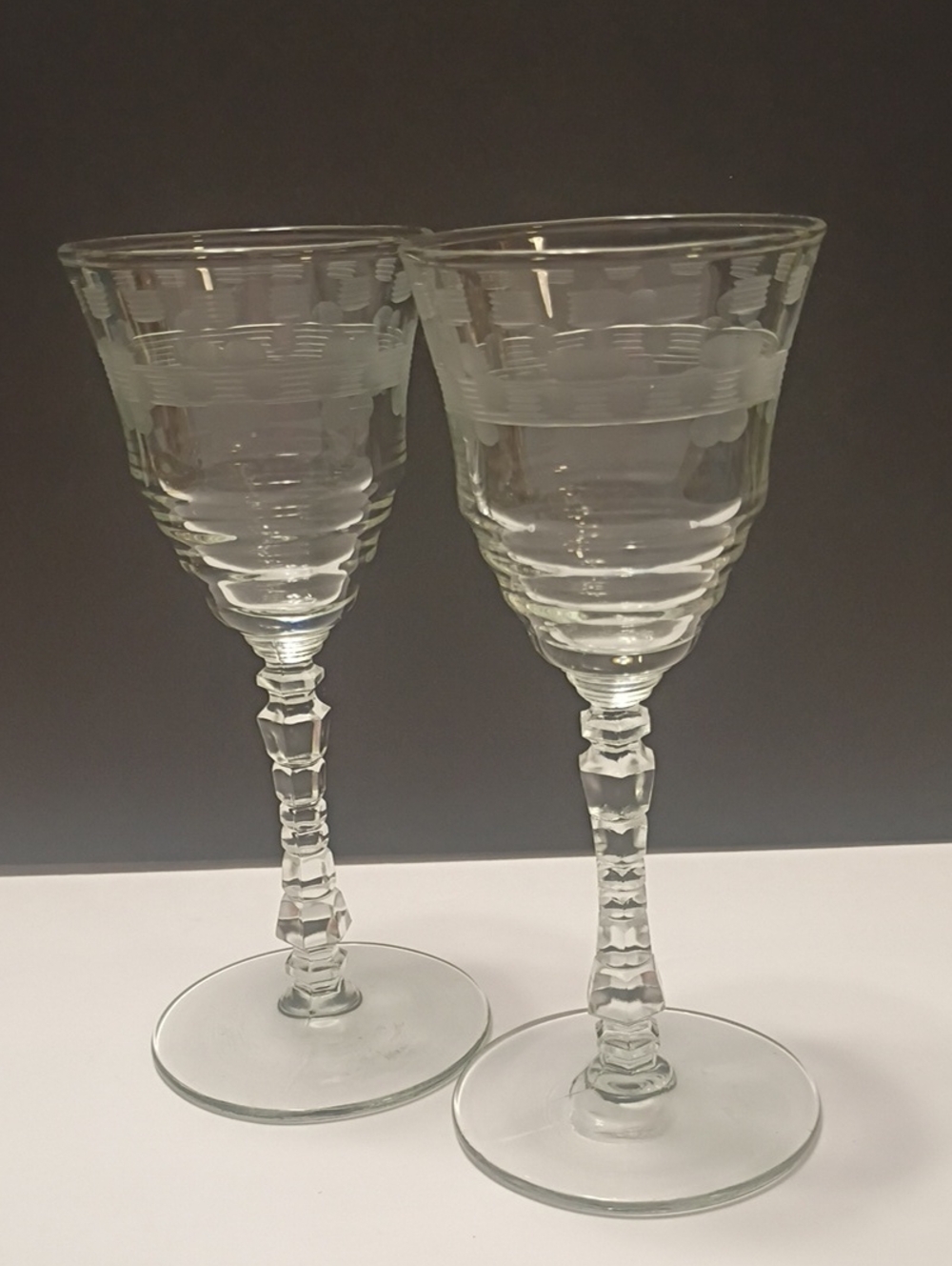 Vintage 1940s Clear Etched Stem Cordial/ Wine Glasses - Set of 2